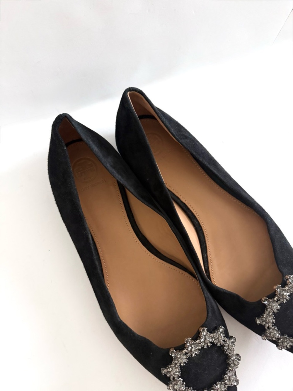 Tory Burch Black Pointed Toe Flats with Crystal Embellishment - Picture 7 of 14